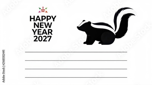 Happy New Year 2027 card featuring a cute skunk illustration. Minimalist design includes lined space for personalized messages. Festive animal theme ideal for holiday stationery and greetings.