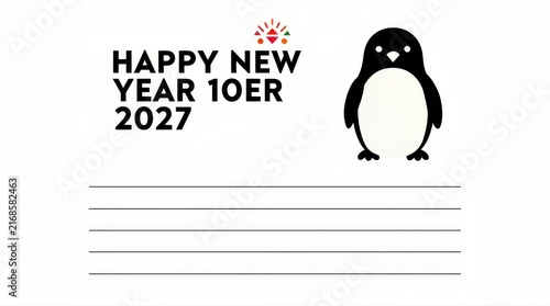 Penguin illustration on a Happy New Year 2027 greeting card template. Simple black and white design with lines for notes. Festive stationery concept, ideal for holiday greetings and invitations.