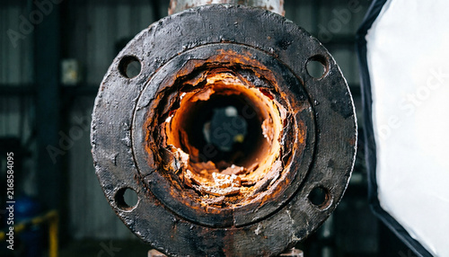 Corrosion narrowing cast iron pipe flange opening closeup