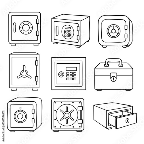 A collection of various bank safe and security box icons are displayed in a line art style.