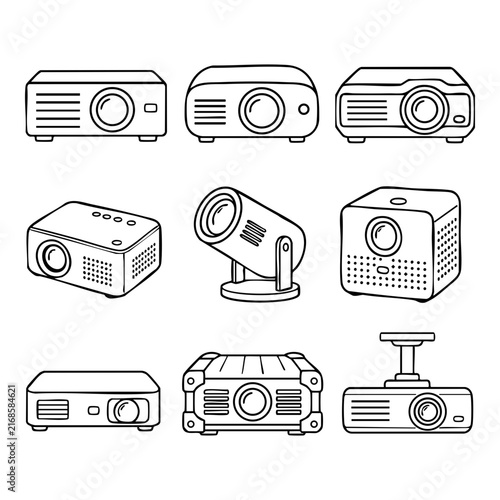 A collection of black and white line art icons depicting various digital video projectors.