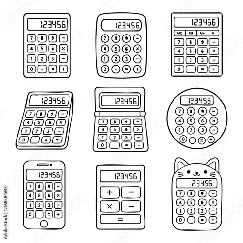 A set of nine hand-drawn calculator icons are arranged in a grid on a white background.