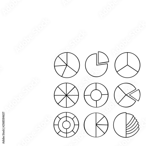 A collection of various circular pie chart diagrams are arranged in a grid on a white.