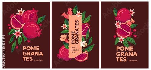 Collection of modern pomegranate poster templates featuring ripe fruits, blossoms, and green leaves on a rich dark background. Elegant botanical designs for kitchen decor, organic food branding, farme