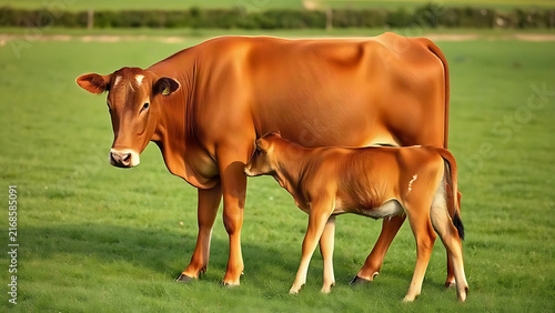 Dairy cow with calf in green pasture, maternal bond and farm life concept