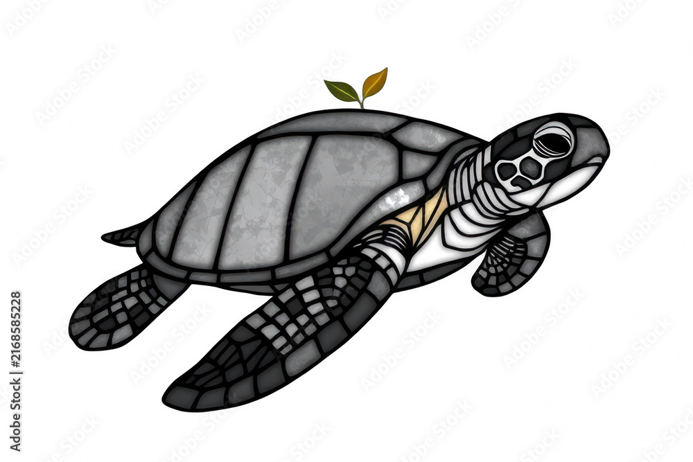 Fototapeta premium Stained Glass Sea Turtle Illustration with Plant Sprout