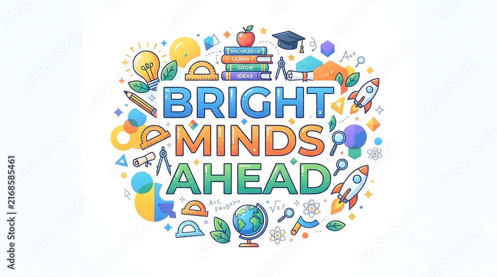 Fototapeta premium Bright minds ahead educational typographic print with creative science school equipment.