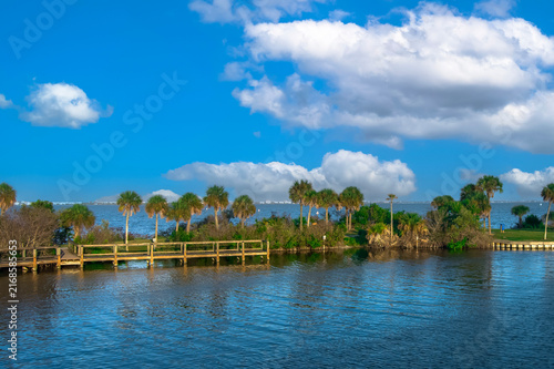 Aerial view of Kelly Park East along the Banana River in Brevard County, Florida, showcasing the coastal landscape, waterfront, vegetation, and surrounding natural environment