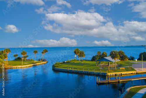Aerial view of Kelly Park East along the Banana River in Brevard County, Florida, showcasing the coastal landscape, waterfront, vegetation, and surrounding natural environment