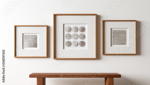 Three framed art pieces with textured inserts, displayed on a wall