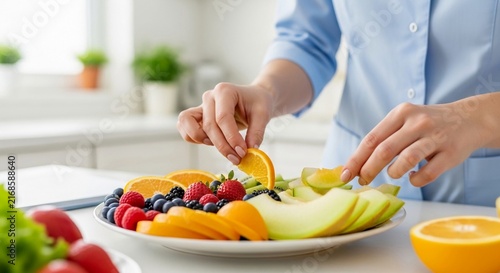 Dietitian arranging vibrant, fresh fruit salad on a plate, showcasing healthy eating and culinary preparation.