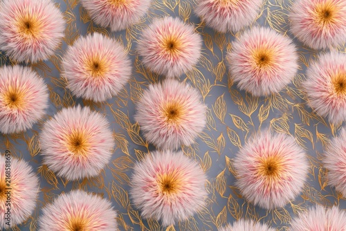 Soft, fluffy, pink flowers with golden floral accents on blue