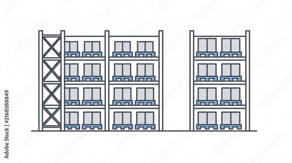 Fototapeta premium Warehouse Storage Racking System with Industrial Shelves and Organized Cardboard Boxes for Logistics and Distribution