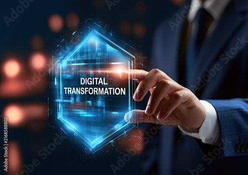 Businessman interacts with a glowing hexagonal interface displaying 