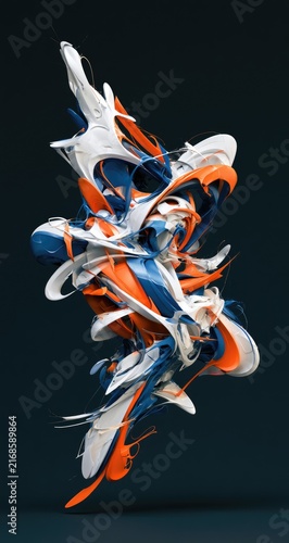 Abstract sculpture with swirling ribbons of orange, blue, and white