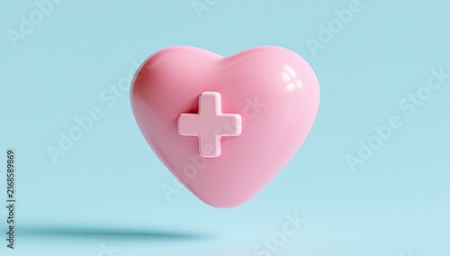 A 3D rendering of a pastel pink heart with a light pink cross symbol