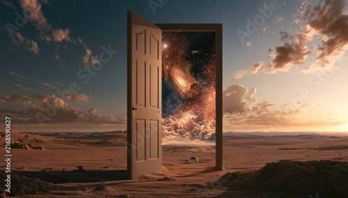 Open door revealing distant galaxy in alien desert landscape at sunset