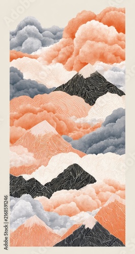 Ethereal mountain landscape with salmon clouds and dark peaks