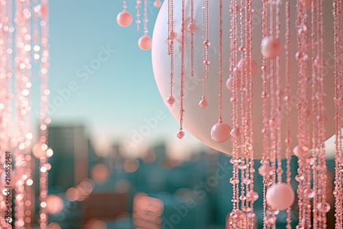 Soft, shimmering pink decorations hang against a blurred city skyline