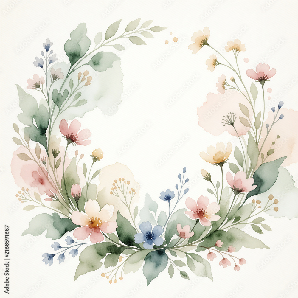 Obraz premium Natural Soft Watercolor Wildflower Wreath with Copy Space