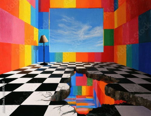 Surreal room with a chasm, checkered floor, and sky window