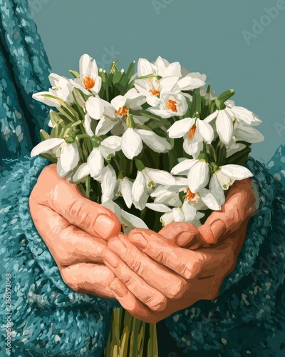 Gentle hands cradle a lush bouquet of delicate white blooms against a muted blue background