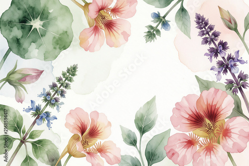 Watercolor Edible Flowers and Garden Herbs Top View
