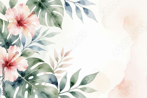 Airy Watercolor Hibiscus and Monstera Botanical Arrangement