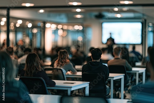 Diverse audience in a brightly lit modern lecture hall, focused on a presenter