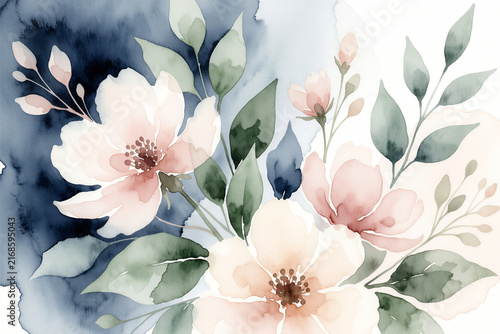 Luxury Blush Watercolor Flowers on Deep Indigo Background