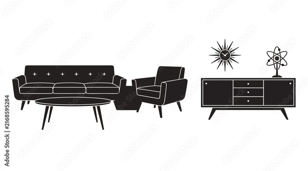 Fototapeta premium Mid century modern furniture silhouettes against a white background