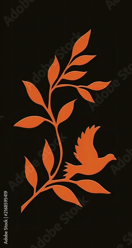 An orange dove with outstretched wings lands on a leafy branch