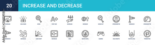 Set of 20 outline web Increase and Decrease icons such as promotion, water level, Gold Ingots, gaming, water level, high temperature, decrease volume vector icons for report, presentation, diagram,