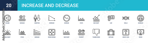 Set of 20 outline web Increase and Decrease icons such as resize, weight loss, suitcase, thumbs down, product, bar chart, resize expand vector icons for report, presentation, diagram, web design,