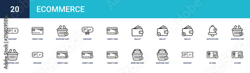 Set of 20 outline web Ecommerce icons such as id card, id card, discount ticket, shopping cart, shopping cart, credit card, credit vector icons for report, presentation, diagram, web design, mobile