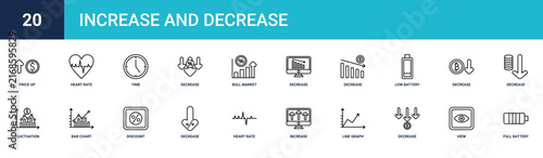 Set of 20 outline web Increase and Decrease icons such as full battery, view, decrease, line graph, increase, heart rate, decrease vector icons for report, presentation, diagram, web design, mobile
