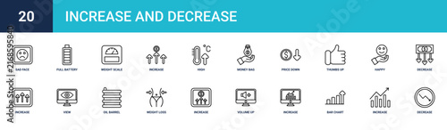 Set of 20 outline web Increase and Decrease icons such as decrease, increase, bar chart, increase, volume up, increase, weight loss vector icons for report, presentation, diagram, web design, mobile