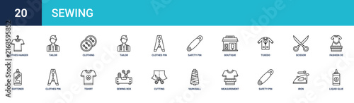 Set of 20 outline web Sewing icons such as liquid glue, iron, safety pin, measurement, yarn ball, cutting, sewing box vector icons for report, presentation, diagram, web design, mobile app