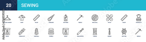 Set of 20 outline web Sewing icons such as needle, knitting, from sewing collection. Thin such as tailor, textile. for use on web and mobile apps, logo, print media., thread, seam ripper, dress,