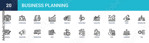 Set of 20 outline web Business Planning icons such as time management, leadership, fund, strategy, statistic, financial guide, audit vector icons for report, presentation, diagram, web design,