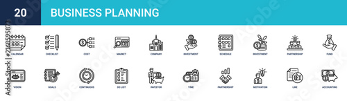 Set of 20 outline web Business Planning icons such as accounting, like, motivation, partnership, time management, investor, to do list vector icons for report, presentation, diagram, web design,