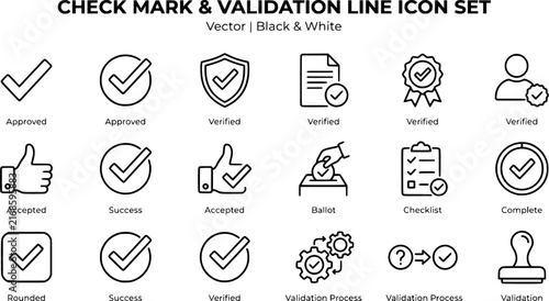 Check Mark and Validation Approval Line Icon Set – Black and White Verified, Accepted, and Correct Vector Icons