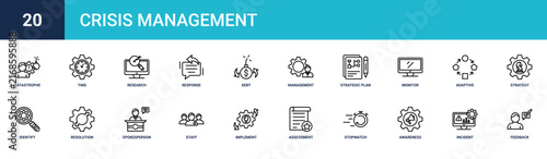 Set of 20 outline web Crisis Management icons such as feedback, incident, awareness, stopwatch, assessment, implement, staff vector icons for report, presentation, diagram, web design, mobile app
