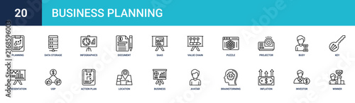 Set of 20 outline web Business Planning icons such as winner, investor, inflation, brainstorming, avatar, business report, location vector icons for report, presentation, diagram, web design, mobile