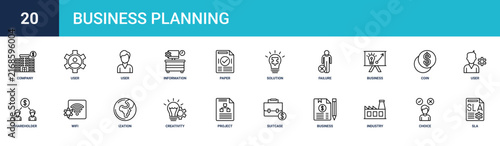 Set of 20 outline web Business Planning icons such as sla, choice, industry, business proposal, suitcase, project, creativity vector icons for report, presentation, diagram, web design, mobile app