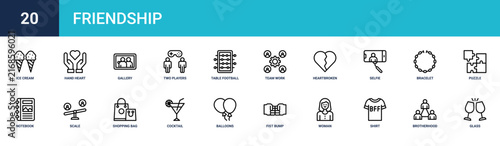 Set of 20 outline web Friendship icons such as glass, brotherhood, shirt, woman, fist bump, balloons, cocktail vector icons for report, presentation, diagram, web design, mobile app