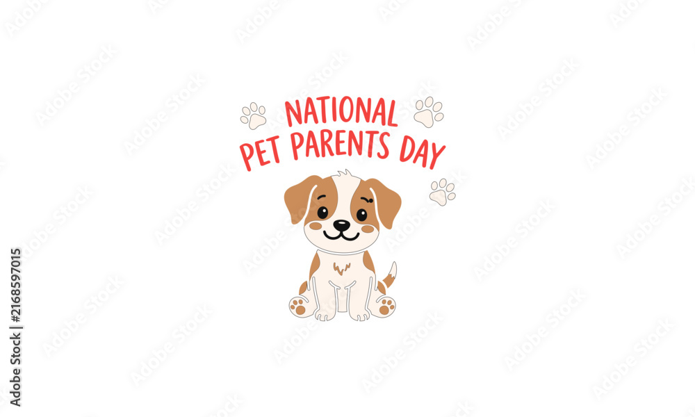 Fototapeta premium A cute cartoon puppy illustration celebrating international dog day and national pet parents day with paw prints on a clean white background for social media