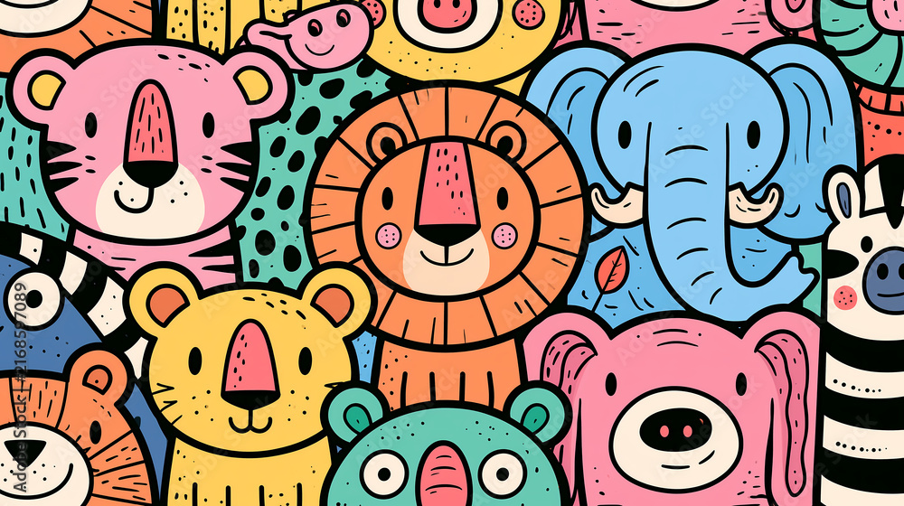 A colorful pattern illustration featuring cute cartoon style wild animals including a lion and an elephant arranged in a playful and fun seamless design for children