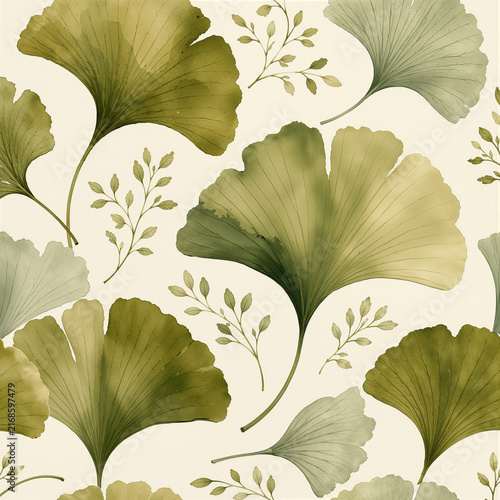 Seamless watercolor ginkgo leaf pattern in soft olive, moss, and sage on a warm cream background; a calming oversized botanical for interior and textile use.