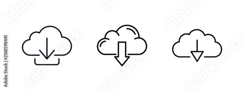 Cloud download icon set with arrow symbol for data storage, file transfer, and backup concept in line art style, digital cloud computing vector illustration